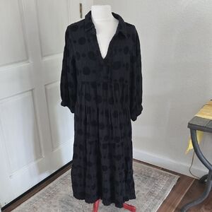 Umgee Black Polka Dot Midi Dress with Collar